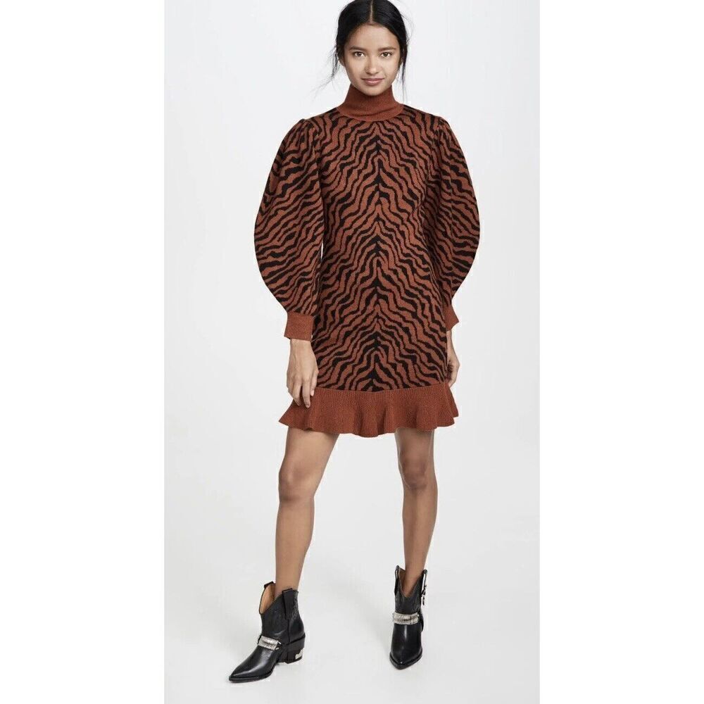 Ulla Johnson Joni Animal Print Puff Sleeve Wool Sweater Dress In Rust Women’s L